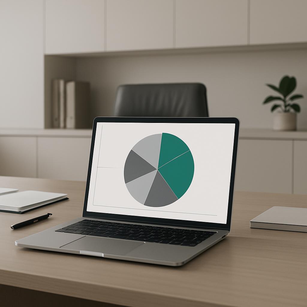 ' Close-up image of an open laptop with a 'pie chart' displayed on its screen'.